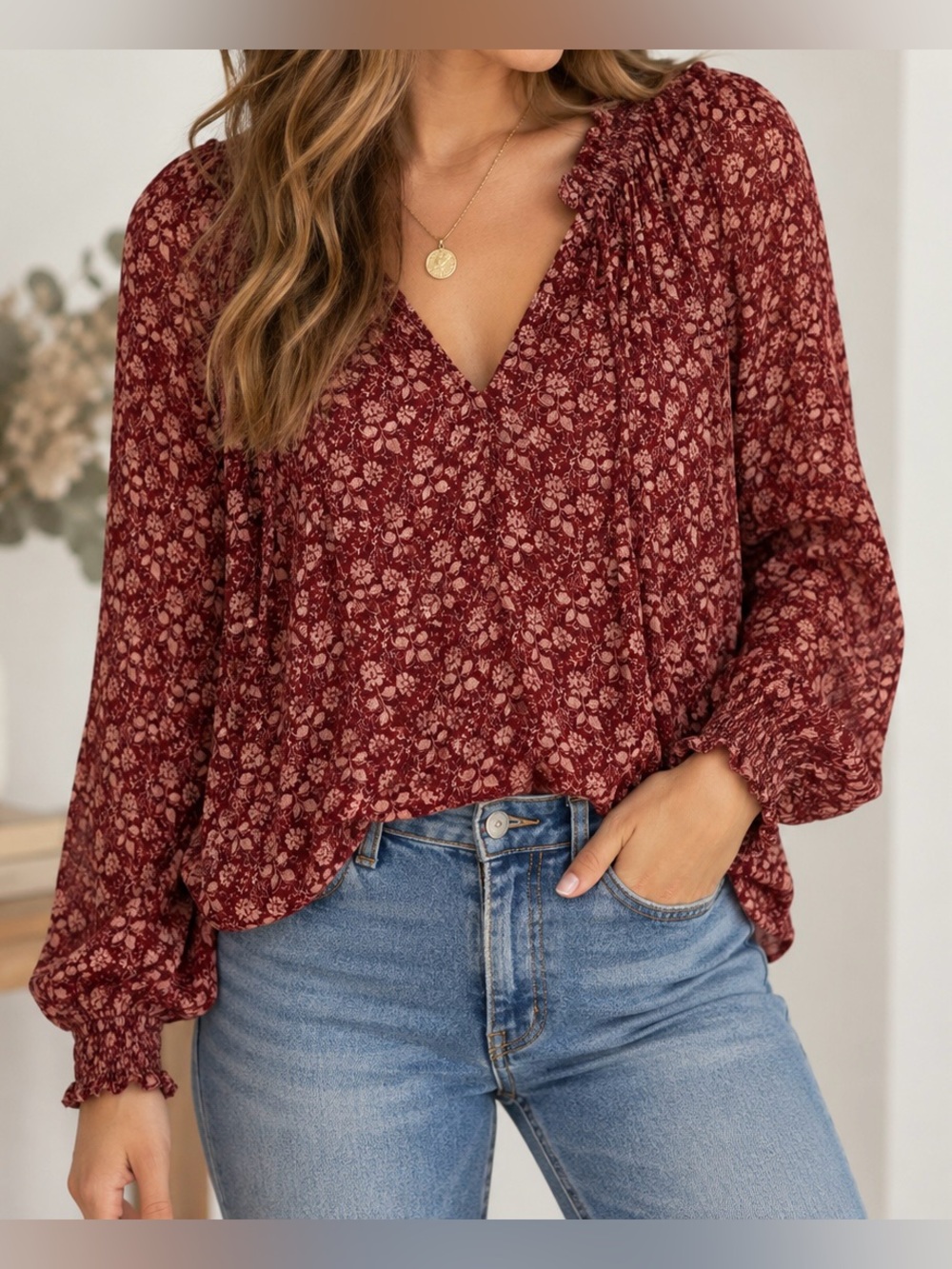 Faherty Burgundy Floral V-Neck Long-Sleeve Blouse - Size S